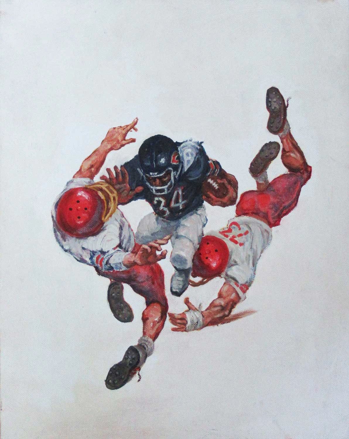 Football player breaking tackles as he applies a straight arm.