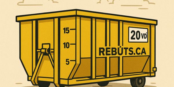 Illustration of a yellow 20-yard dumpster with volume markings and website.