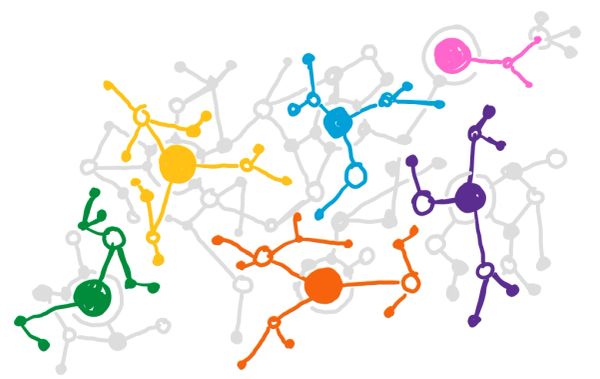 Colorful abstract molecular network on white background.
