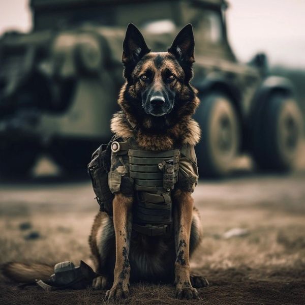 Military dog in tactical gear sitting alert.