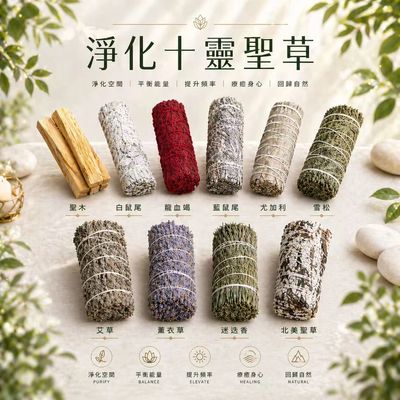 Various types of cleansing spiritual herbs arranged neatly on a light surface.