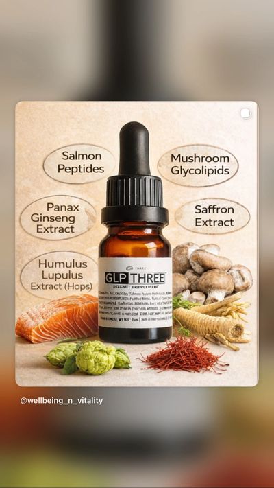 GLP Three dietary supplement with natural extracts like salmon peptides and saffron.