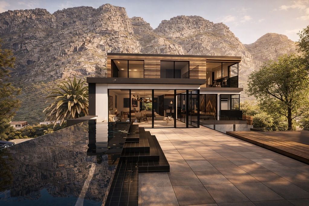 Modern house with glass walls and infinity pool set against rocky mountains.