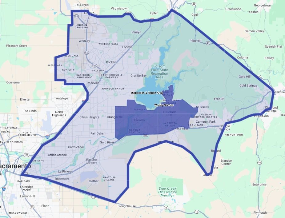 Outlined Map of Area Where We Provide Pool Service and Repairs.