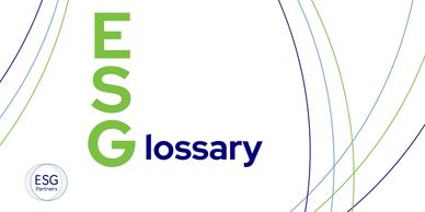 ESG glossary title with green and blue text and decorative lines.