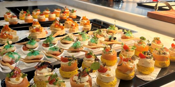 Assorted colorful gourmet appetizers arranged on trays.