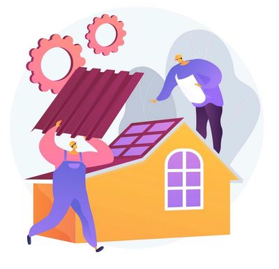 Illustration of two people repairing a house roof.