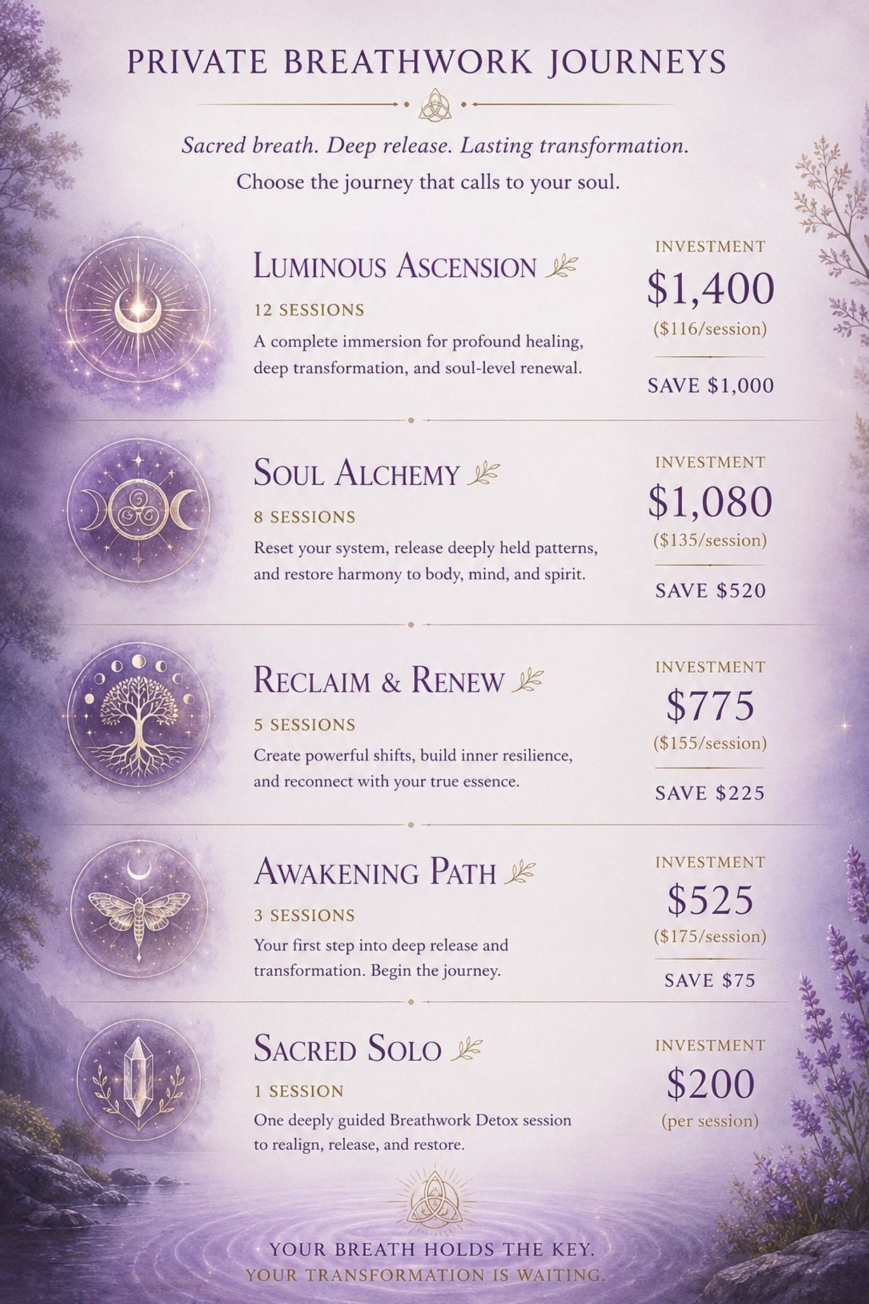 Private breathwork journey options with descriptions and prices.
