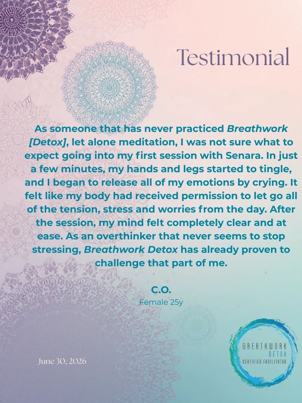 Testimonial on Breathwork Detox experience by a 25-year-old female.