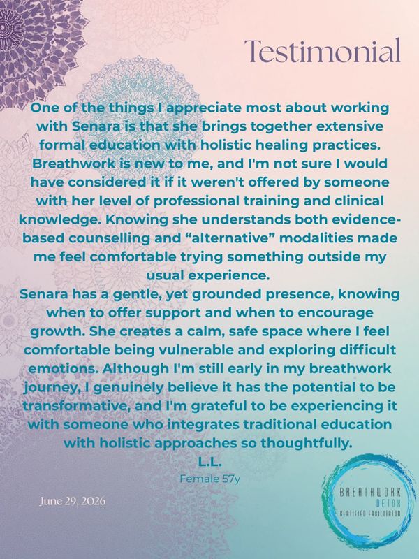 Testimonial praising Senara's holistic healing and breathwork expertise.