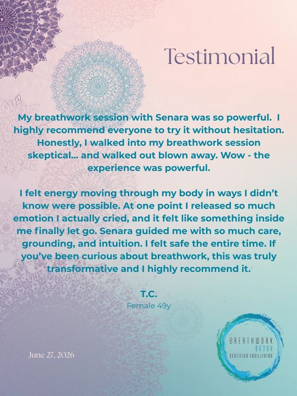 Testimonial praising a powerful breathwork session with Senara.