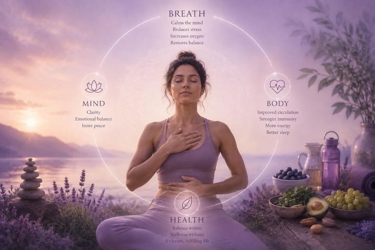 Woman meditating with mind, breath, body, and health benefits highlighted.
