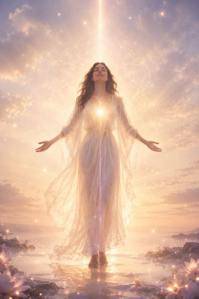 Woman glowing with light and energy by water at sunset.