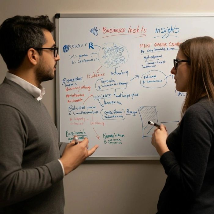 A man and a woman having a conversation, over business insights on a dry erase board.