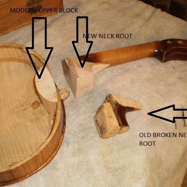 Violin and fiddle setups and repairs.  Photo shows new neck block going in.