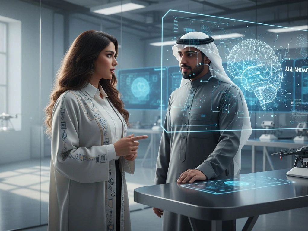 Two professionals discussing AI technology in a futuristic lab.