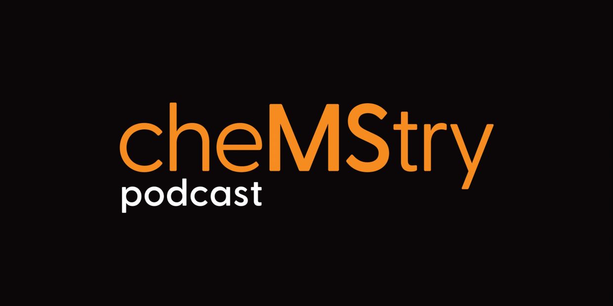 Logo of cheMStry podcast in orange and white on black.