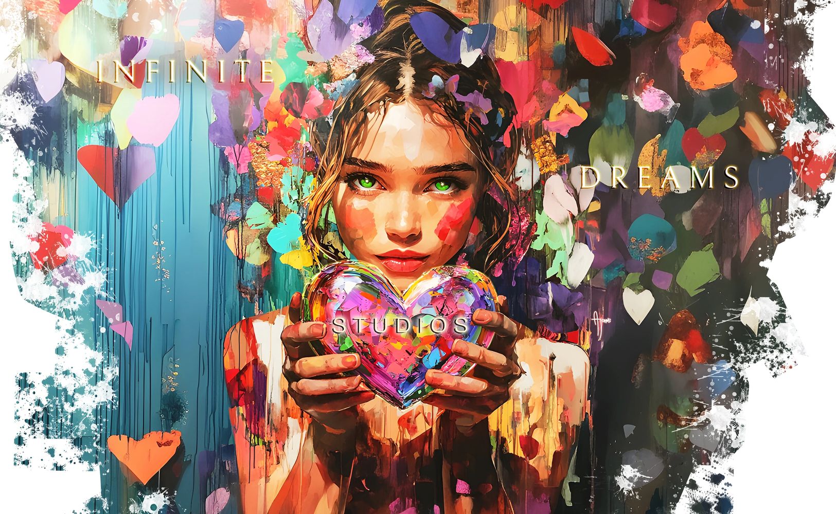 A vibrant painting of a woman holding a colorful heart with the words Infinite Dreams Studios.
