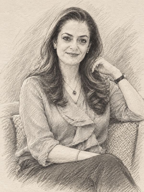 A woman sitting confidently with a slight smile.