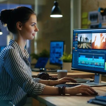 Young woman editing video on dual monitors in a modern office.
