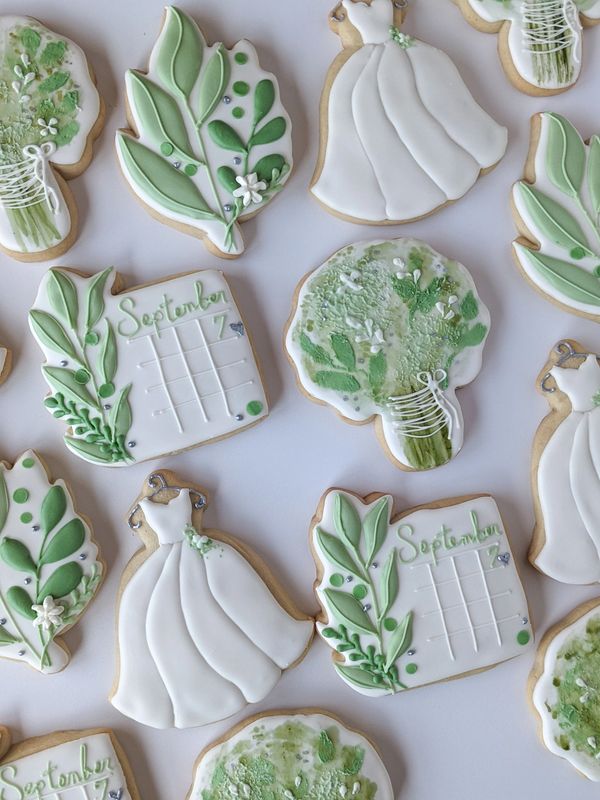 Wedding and bridal sugar cookies with a leafy greenery theme