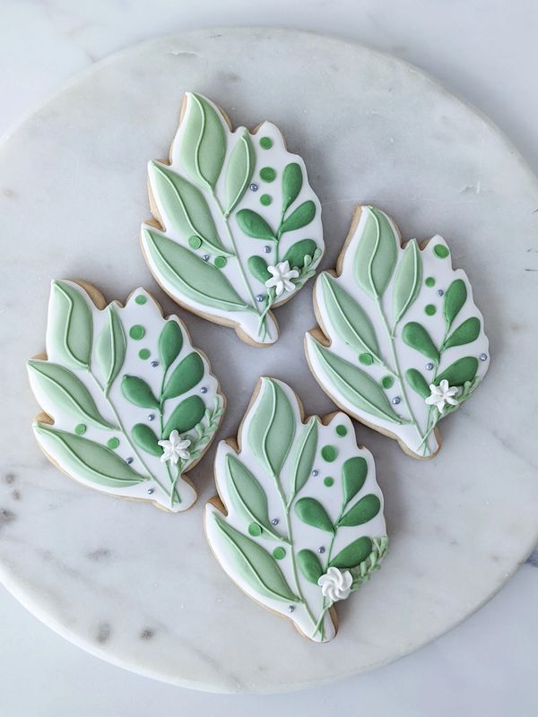 Wedding and bridal sugar cookies with a leafy greenery theme