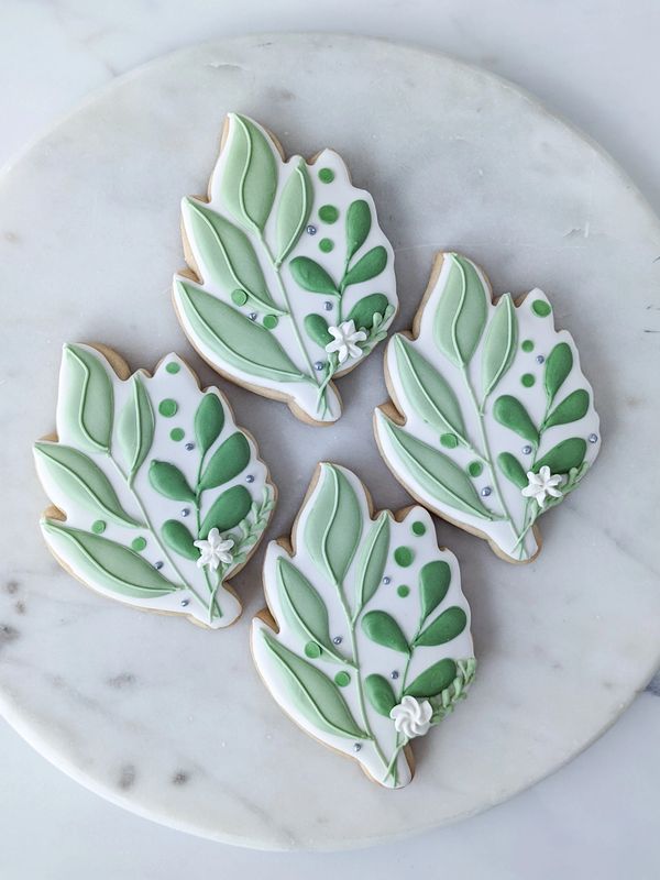 Wedding and bridal sugar cookies with a leafy greenery theme