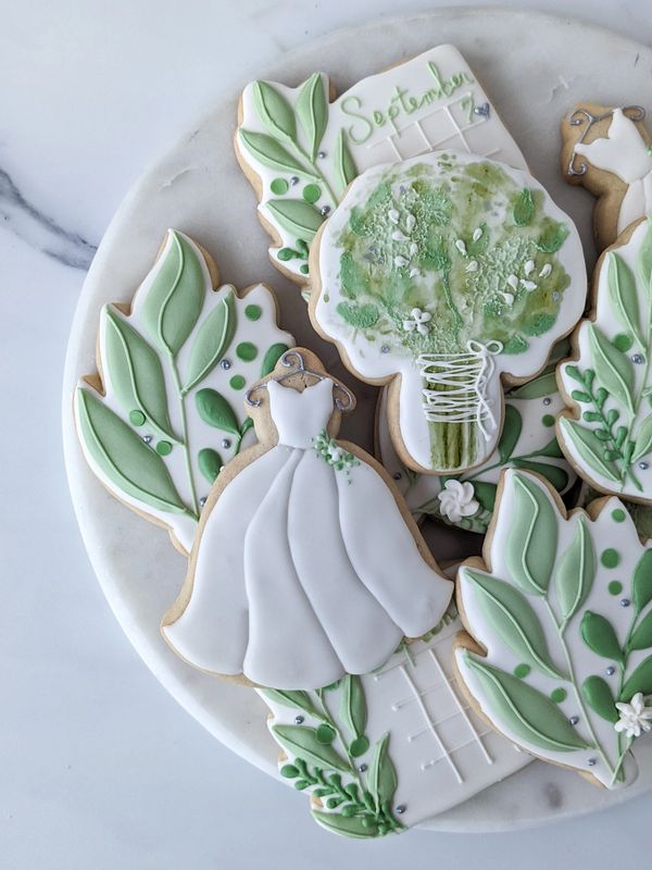 Wedding and bridal sugar cookies with a leafy greenery theme