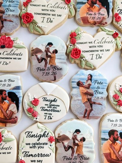 Wedding sugar cookies with roses and with photos of the couple printed on top with edible ink