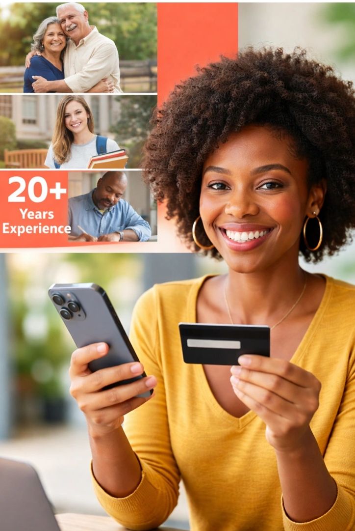 Smiling woman holding phone and credit card, with diverse people and "20+ Years Experience" text.