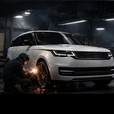 Person welding a white Range Rover in a dimly lit garage.