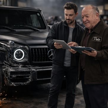 Two men examining a damaged black Mercedes SUV in a garage.