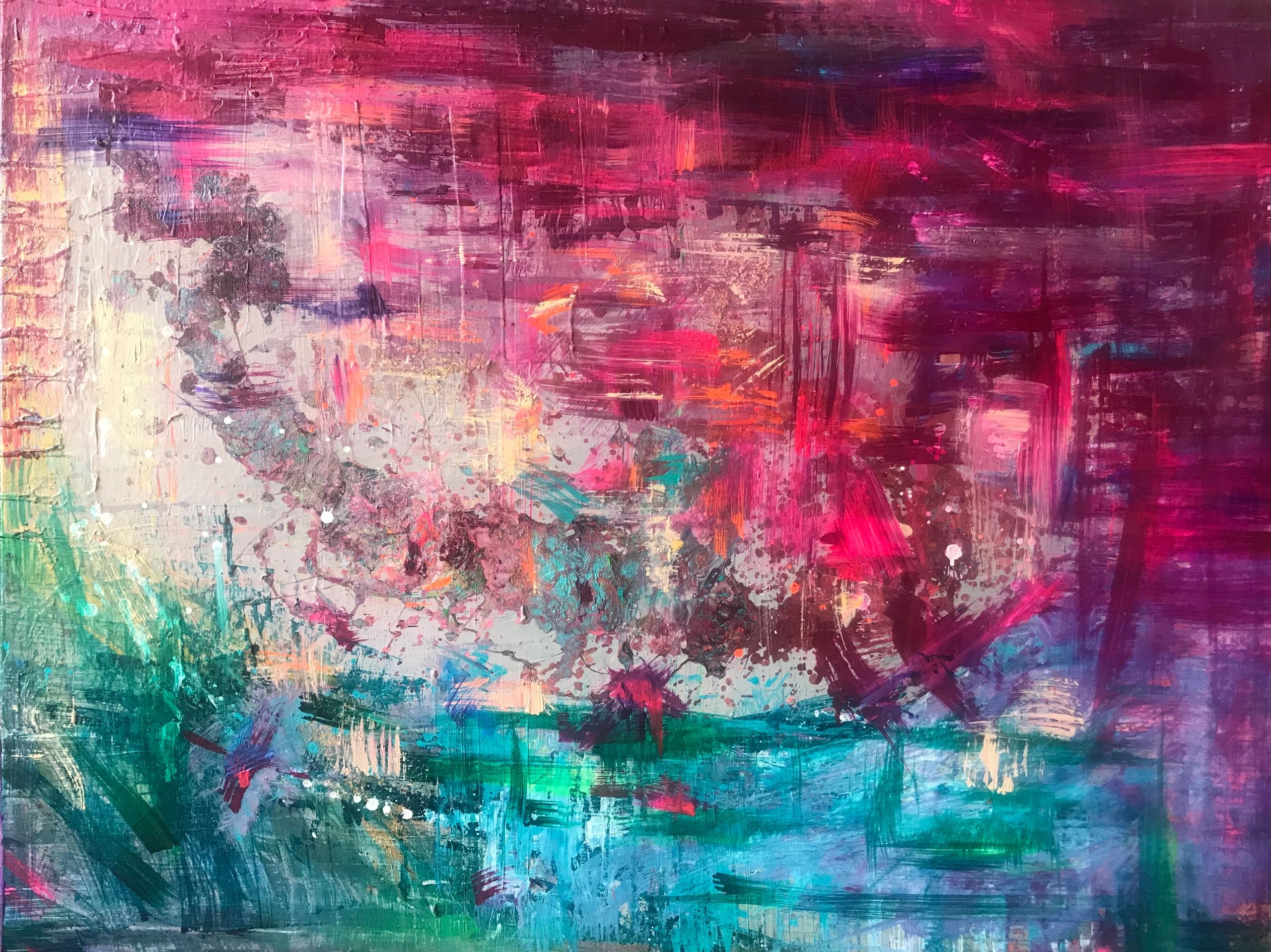 Vibrant abstract painting with bold reds, blues, and greens blending dynamically.