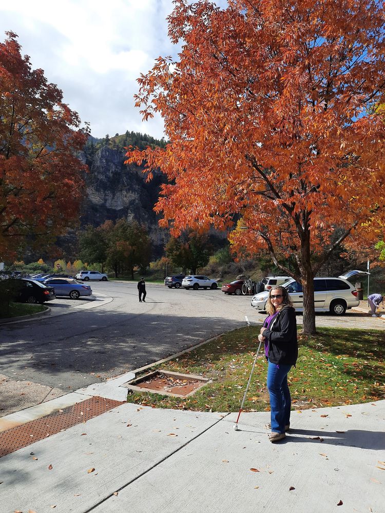 Me with my white cane in front of a tree whose green leaves have turned red in fall.