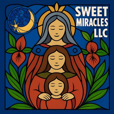 Stained-glass style image of three serene figures with flowers and moon, titled Sweet Miracles LLC.