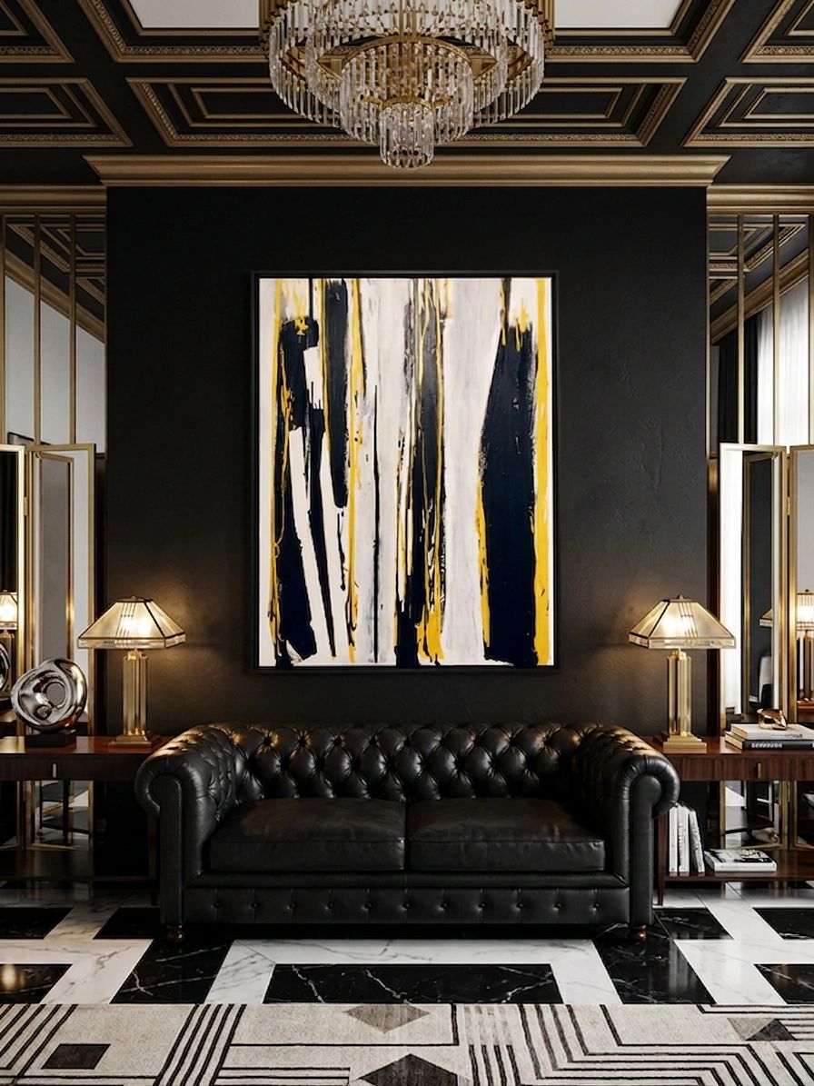 Sala elegante con sofá negro y pintura abstracta.