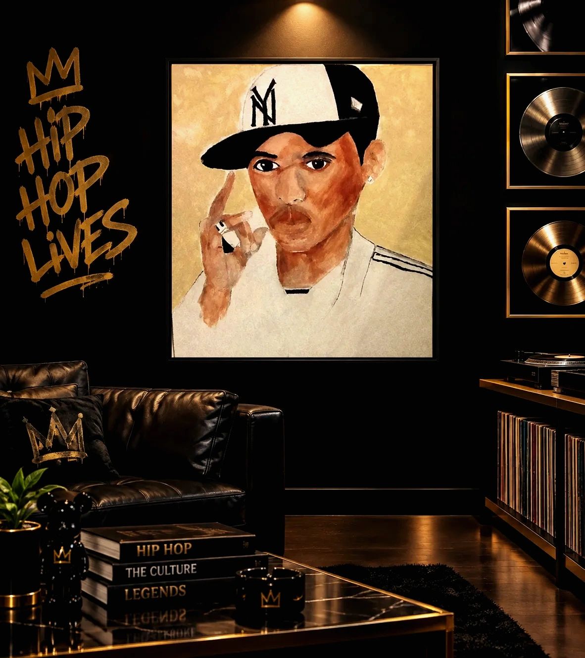 Sala elegante con temática de hip hop y retrato de rapero.