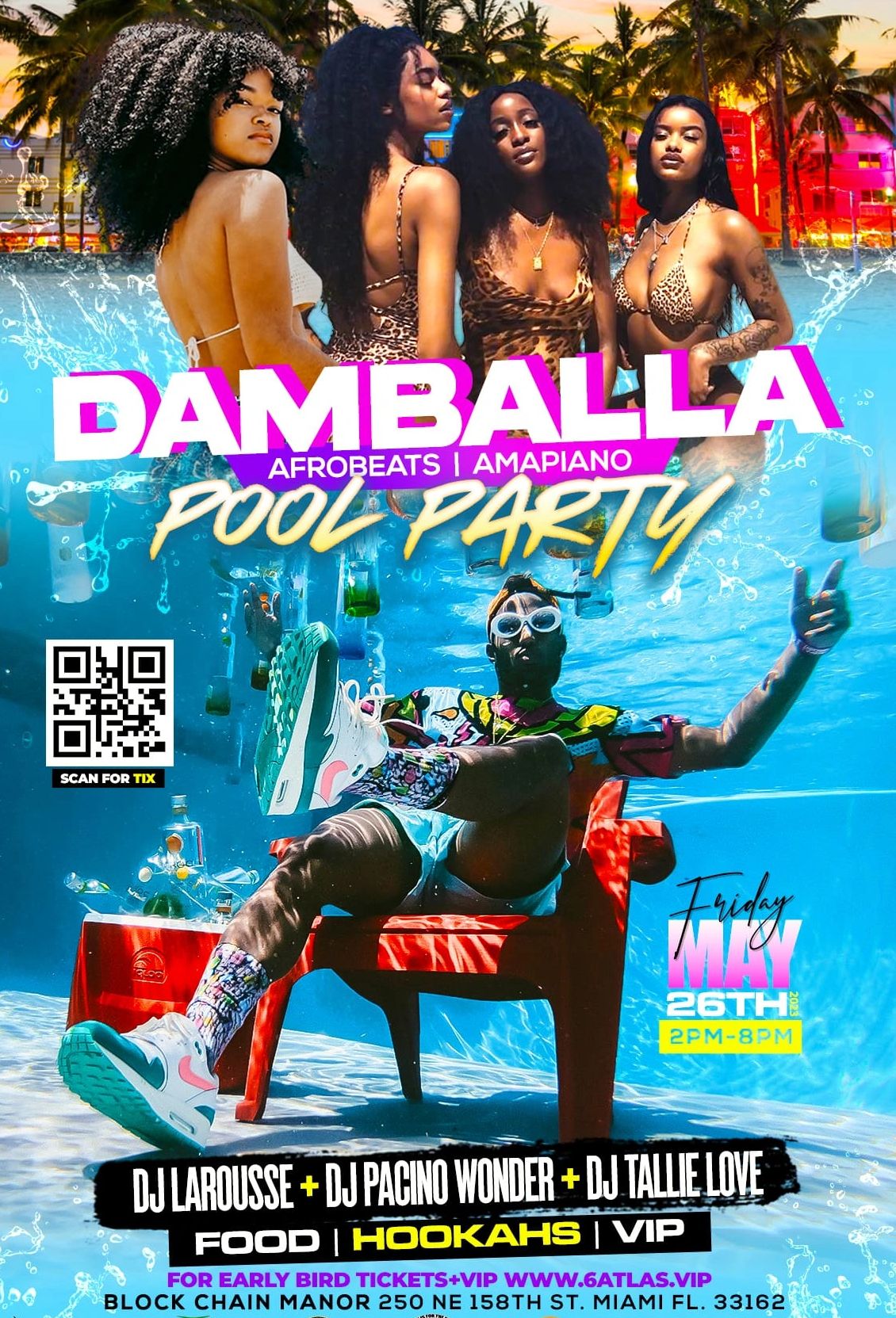 Vibrant pool party flyer featuring DJs and Afrobeat vibes in Miami.