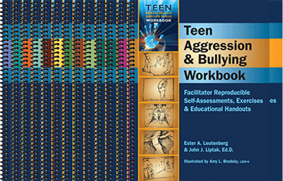 Cover of the Teen Aggression & Bullying Workbook with illustrations and text.