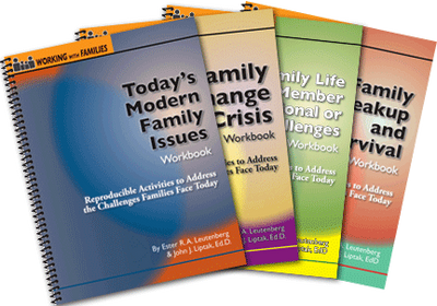 Set of four colorful family-focused workbooks addressing modern family challenges.