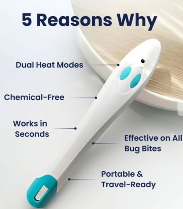 A handheld device with 5 benefits for treating bug bites quickly and safely.