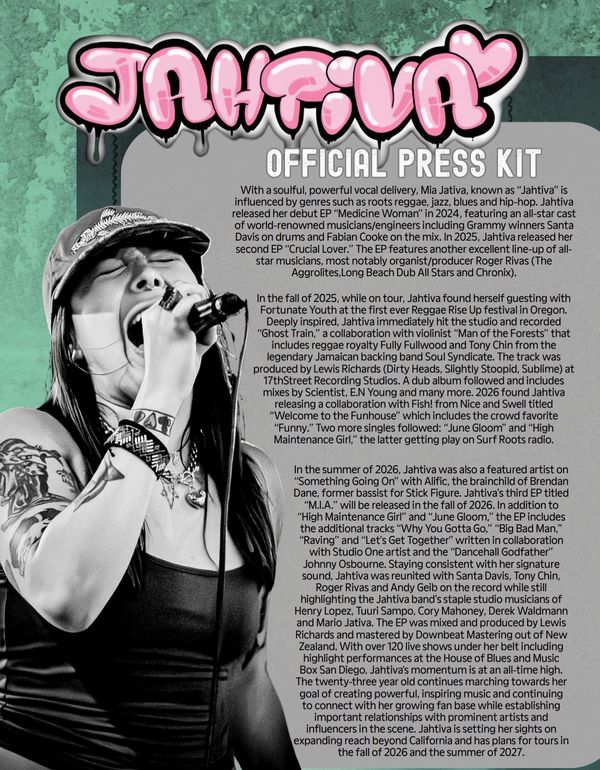 Image of Jahtiva holding a microphone with text about her music career and upcoming releases.