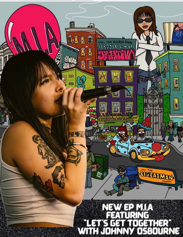 M.I.A. singing with colorful cartoon city background.