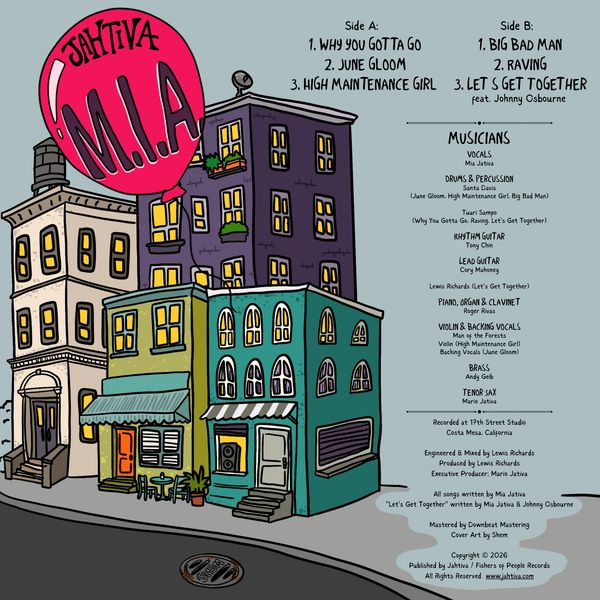 Colorful urban buildings with a large pink balloon and track listing for Jahtiva's M.I.A album.