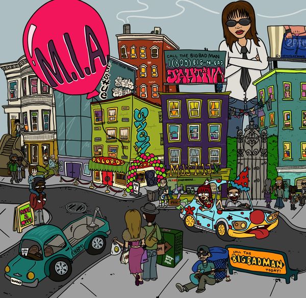 Colorful city street illustration with M.I.A. theme.
