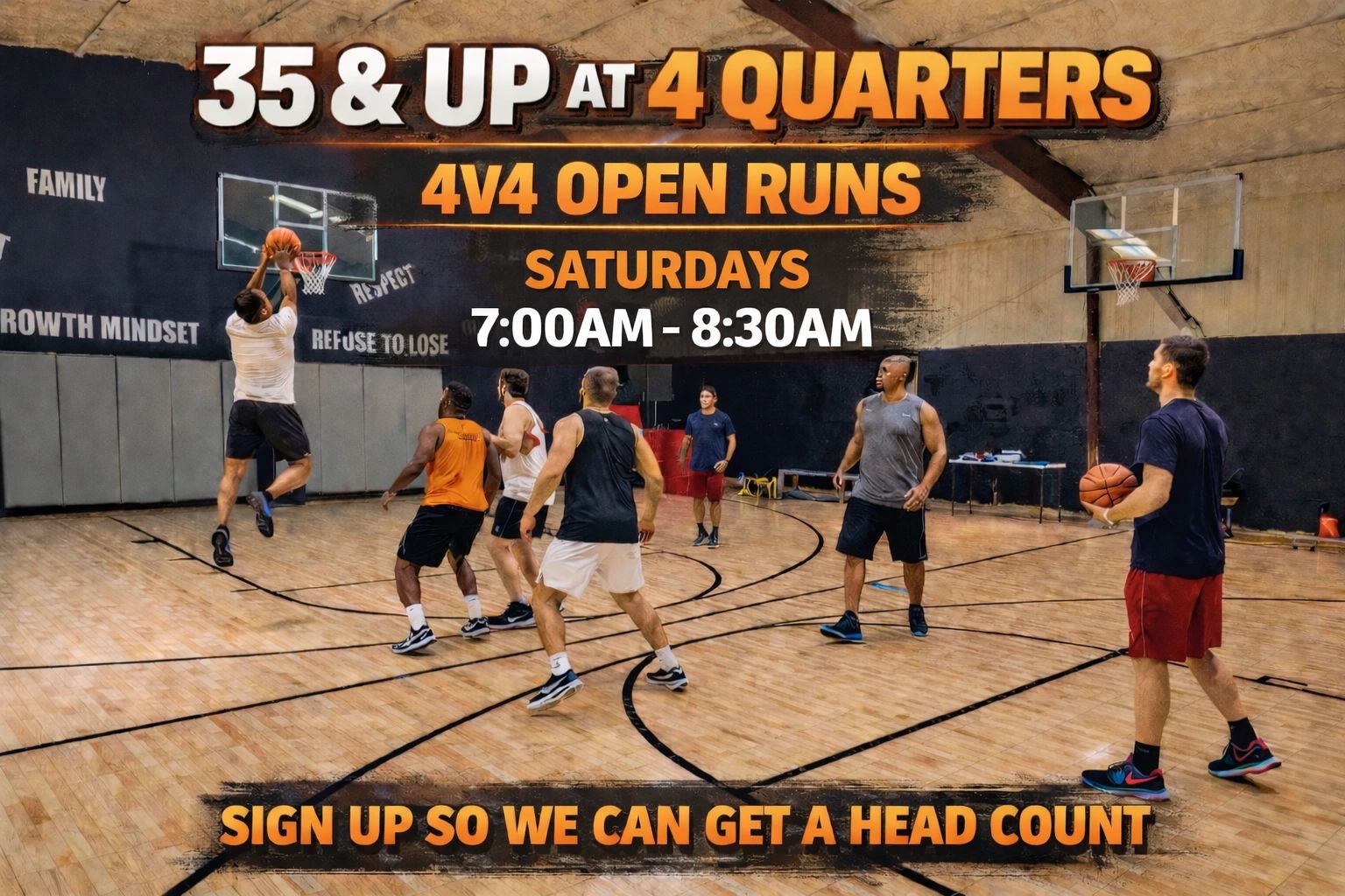 Adult basketball 4v4 open runs on Saturdays, 7-8:30 AM.
