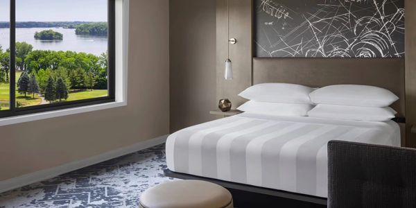 Modern hotel room with river view.