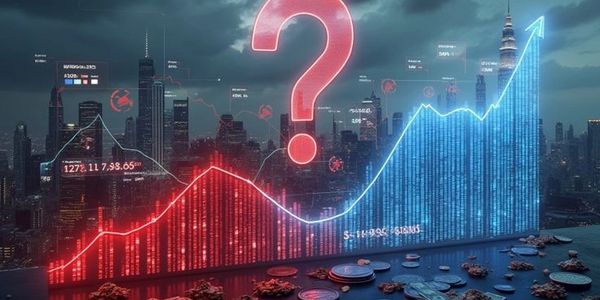 A city skyline with a glowing question mark and fluctuating financial graph over coins and dollar bills.