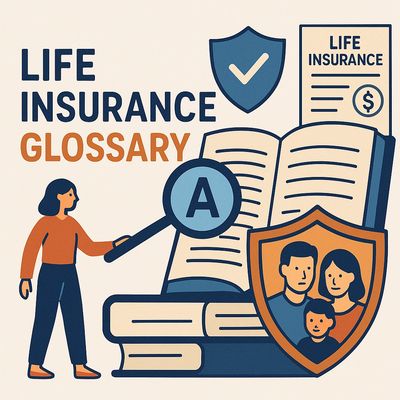 Illustration of life insurance glossary with a family shield and a person holding a magnifying glass.