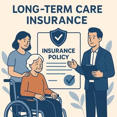 Illustration of a family discussing long-term care insurance policy with an agent.